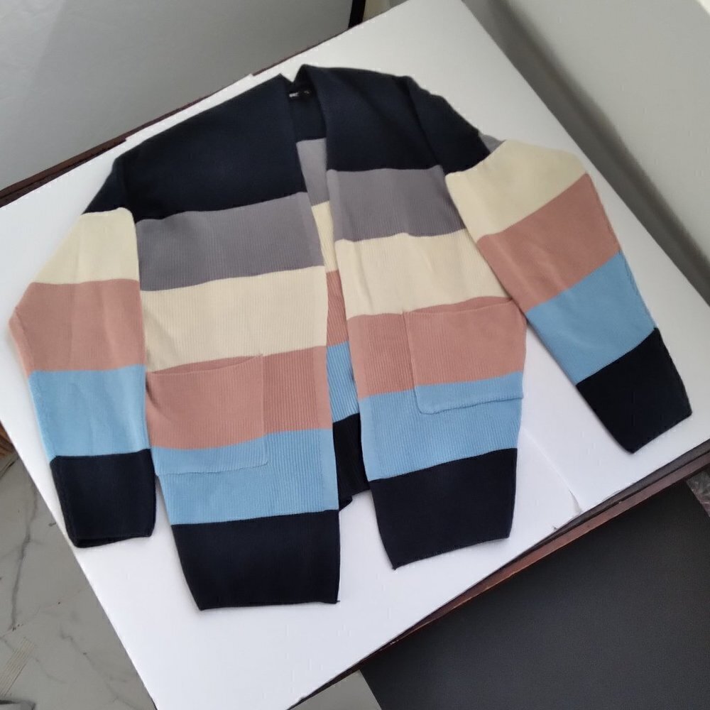 Striped Pastel Striped Open Front Cardigan with Pockets 100% Cotton Sz S/M